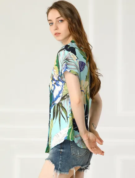 Allegra K- Beach Tropical Floral Leaves Button Down Shirt