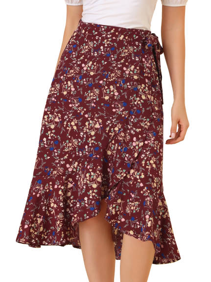 Allegra K- Tie Ruffle Split Midi Floral Wrap Skirt