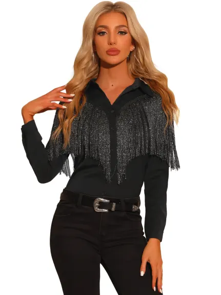 Allegra K - Long Sleeve Fringe Party Shirt