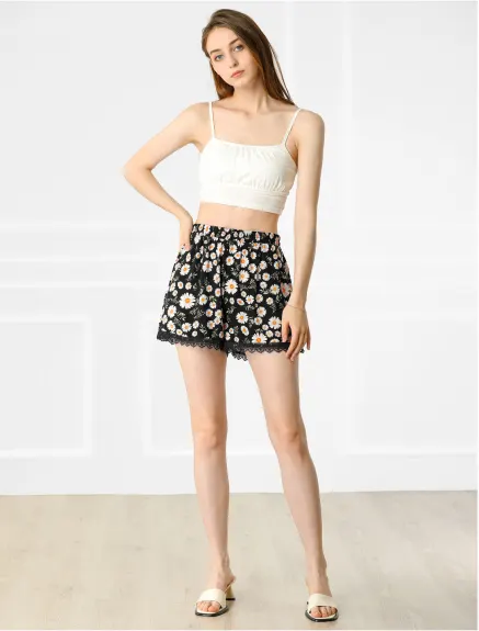 Allegra K - Elastic Waist Lace Trim Summer Floral Shorts