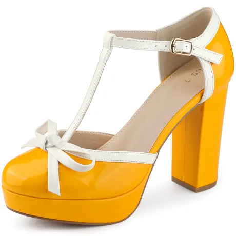 Allegra K - Platform Bow T Strap Block Heel Pump