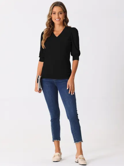 Allegra K - V Neck Puff Sleeve Knit Blouse