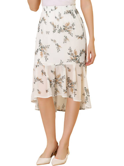 Allegra K- Floral Ruffle Hem Chiffon Midi Skirt