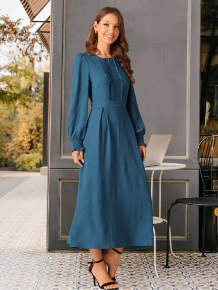 Allegra K - Pleated Front Flowy Long Sleeve Dress