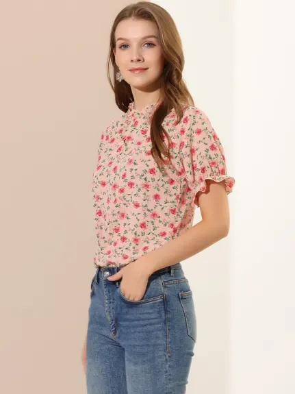 Allegra K- Floral Short Sleeve Ruffle Neck Blouse