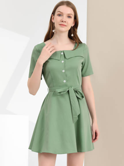 Allegra K- Square Neck Tie Waist Shirt Dress