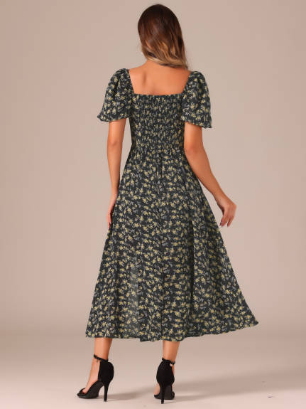 Allegra K - Robe longue à fleurs avec col noué et manches bouffantes fendues