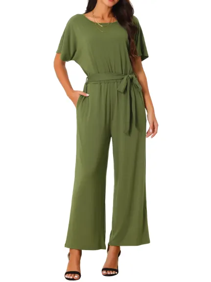 Allegra K - Crewneck Short Sleeve Belted Casual Jumpsuit