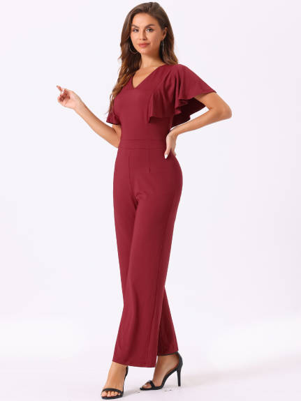 Allegra K - Ruffle Short Sleeve Fitted Wide Leg Jumpsuit