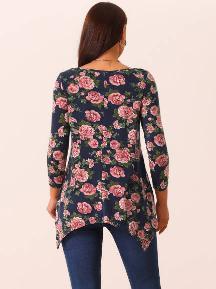 Allegra K - Floral 3/4 Sleeve Asymmetrical Tunic Top