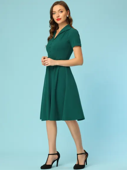 Allegra K- Vintage Flat Collar Short Sleeve Fit and Flare Dress