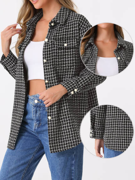 Allegra K - Long Sleeves Loose Tweed Shirt Jacket