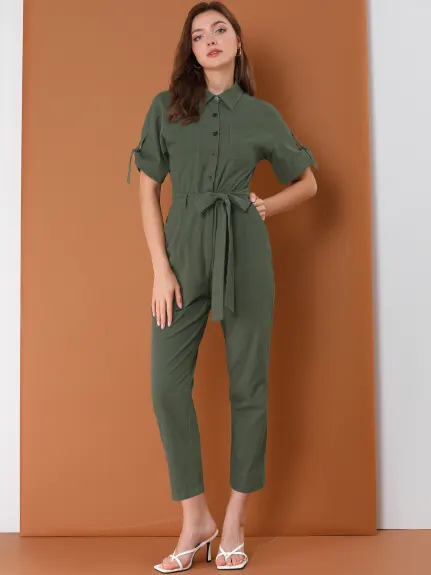 Allegra K- Turndown Collar Button up Tie Waist Cargo Jumpsuit