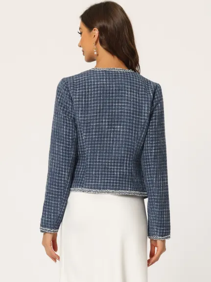 Allegra K- Plaid Tweed Open Front Short Blazer