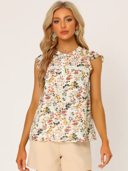 Allegra K - Ruffle Trim Chiffon Floral Blouse