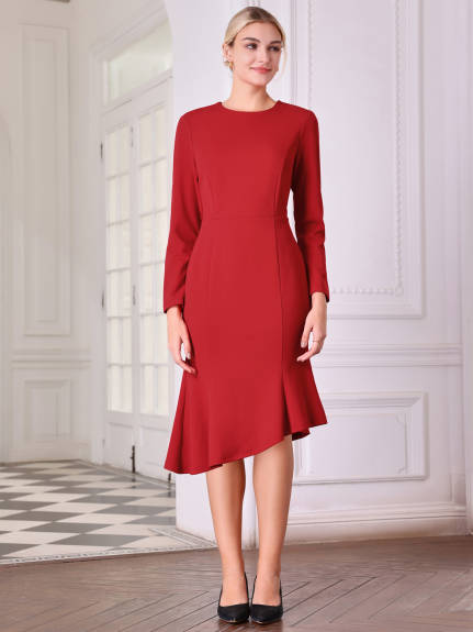 Hobemty - Fishtails Belted Long Sleeve Formal Dress