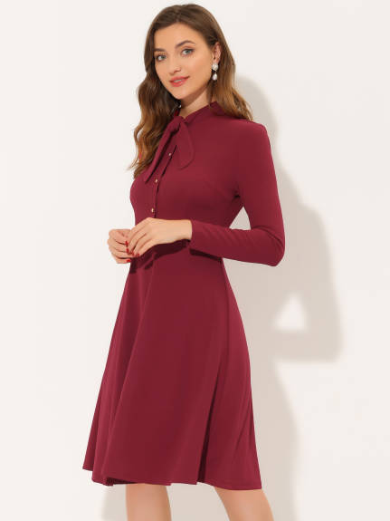 Allegra K- Tie Neck Knit Long Sleeve Midi Sheath Dress