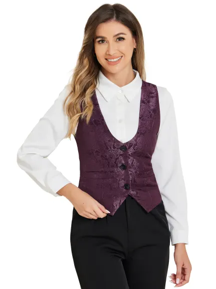 Allegra K- Vintage Waistcoat Button Up Jacquard Suit Vest