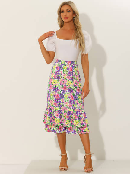 Allegra K- Zipper Printed Chiffon Ruffle Tiered Midi Skirt