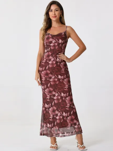 Allegra K - Mesh Floral Sleeveless Bodycon Maxi Dress