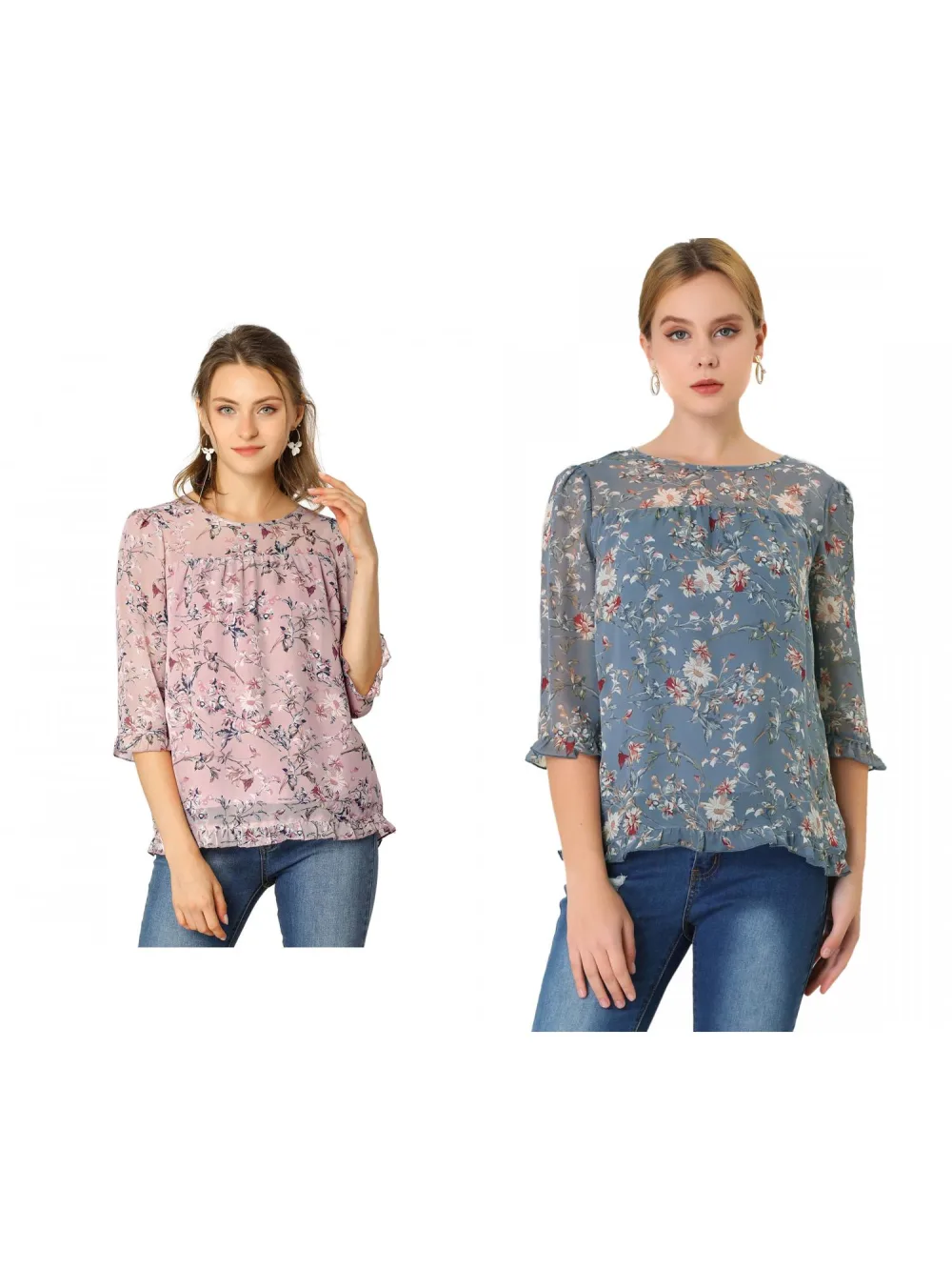 Allegra K- Floral Ruffled 3/4 Sleeve Chiffon Blouses