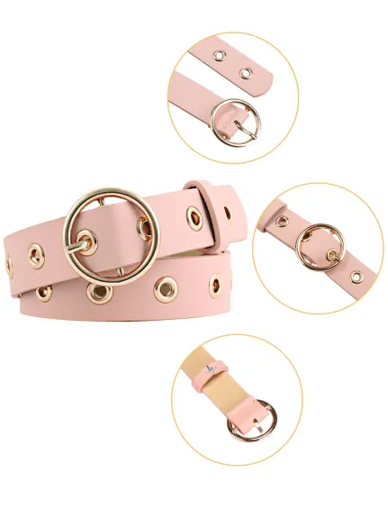 Allegra K- Studded Grommet Circle Metal Buckle Leather Belt