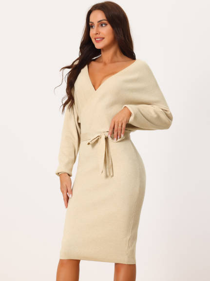 Allegra K - Deep Wrap V Neck Belted Sweater Dress