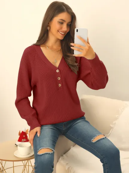 Allegra K- V Neck Button Down Ribbed Knit Pullover Top