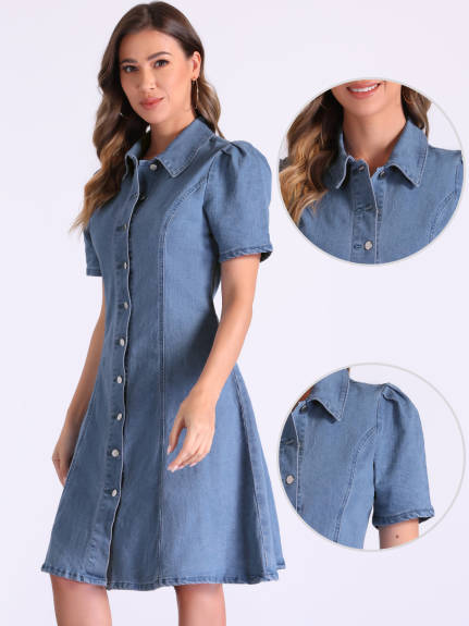 Allegra K - Puff Sleeve Button Down Collared Denim Dress