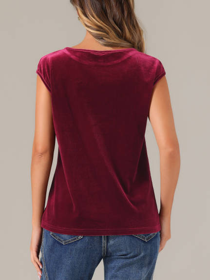 Allegra K - Velvet Crew Neck Cap Sleeve Top