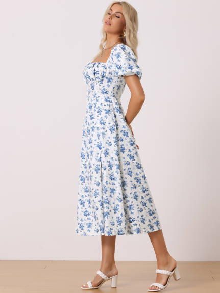 Allegra K - Robe longue à fleurs avec col noué et manches bouffantes fendues