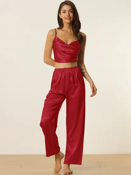 cheibear - Cowl Neck Crop Cami Top with Pants Lounge Set