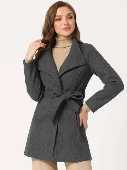 Allegra K- Classic Stand Collar Belted Long Coat