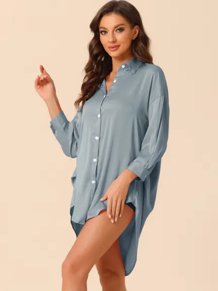 cheibear - Button Down Shirt Dress Satin Nightgown