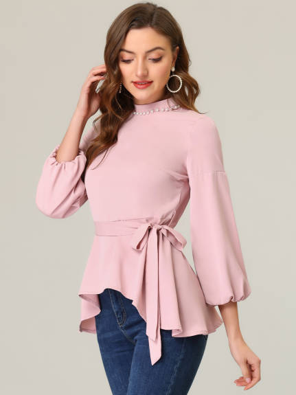 Allegra K - Mock Neck Asymmetrical Hem Belted Peplum Top