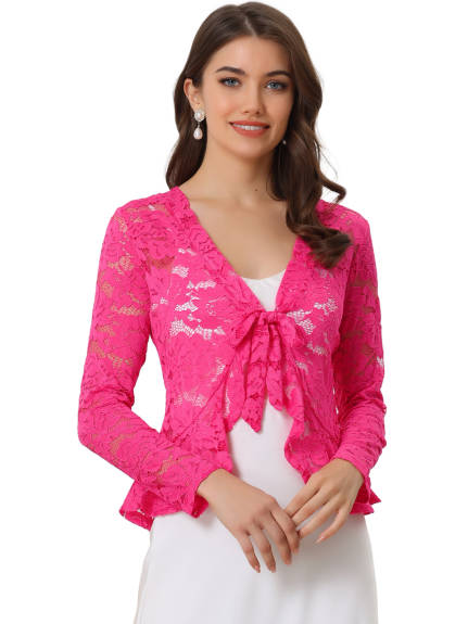 Allegra K - Tie Front Ruffle Lace Sheer Cropped Cardigan