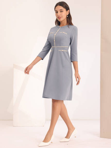 Hobemty- A-Line Contrast Color Tweed Trim Dress