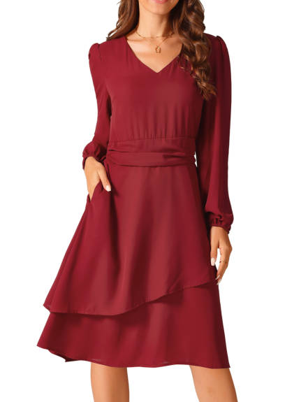 Allegra K - Long Sleeve Layered Swing Midi Dress