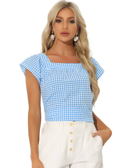 Allegra K- Square Neck Gingham Cap Sleeve Blouse