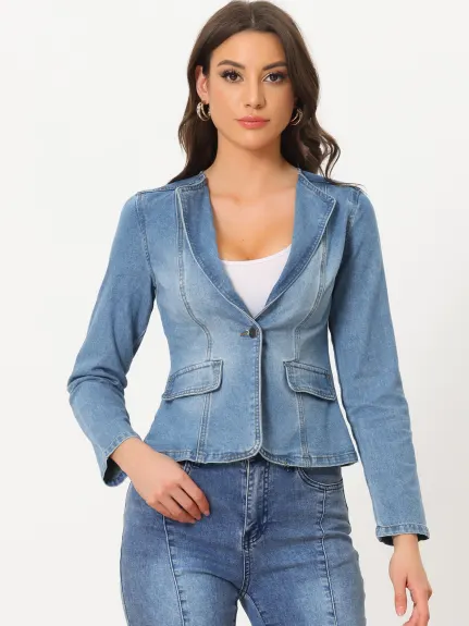 Allegra K- vestes en Jean élastique col revers