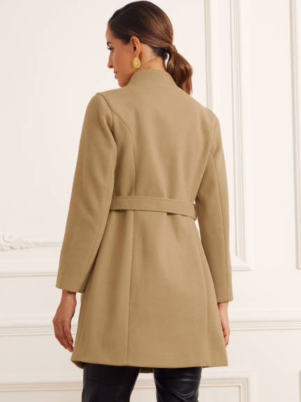 Allegra K - Stand Collar Belted Winter Coat