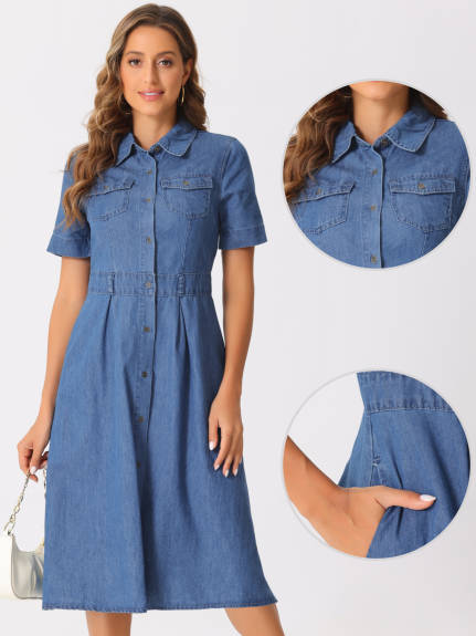 Allegra K - Denim A-Line Button Up Midi Dress