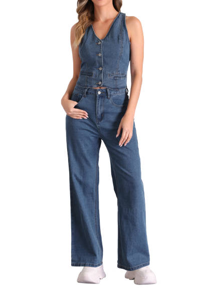 Allegra K- Sleeveless V-Neck Denim Vest Wide Leg Pants Suit