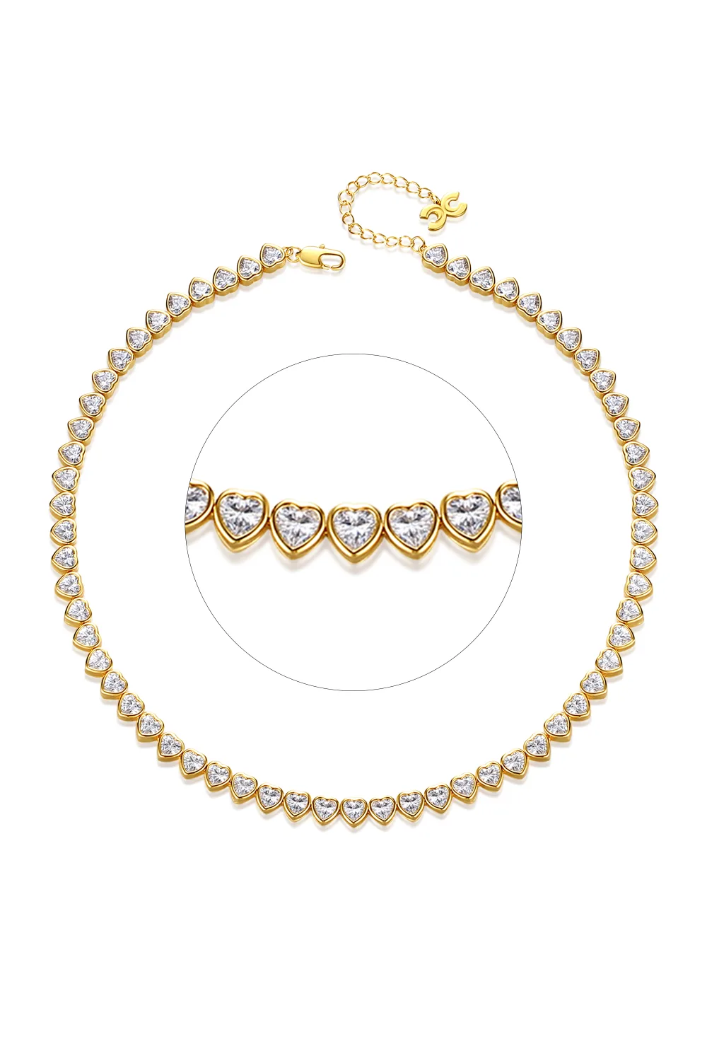 Classicharms-Gold Sparkling Heart Shaped Zirconia Tennis Necklace