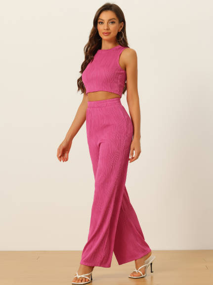 Allegra K - Sleeveless Crop Top Wide Leg Pants Outfits