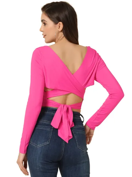 Allegra K - U Neck Criss Cross Tie Waist Slim Crop Top