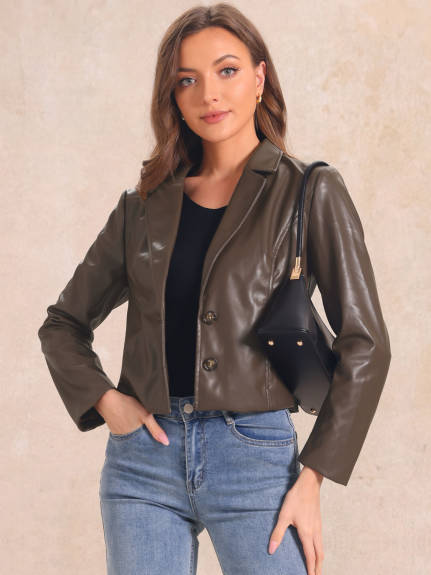 Allegra K - Faux Leather Motorcycle Cropped Jacket