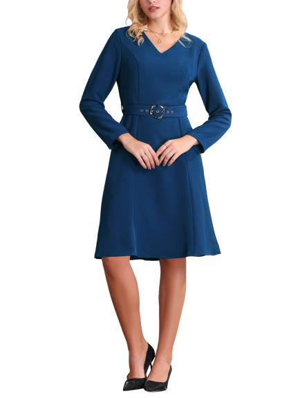 Hobemty - Elegant Long Sleeve Belted Work Dress