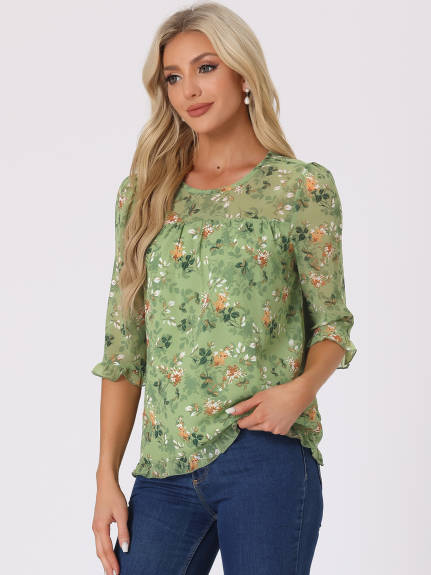 Allegra K- Floral Ruffled 3/4 Sleeve Chiffon Blouse