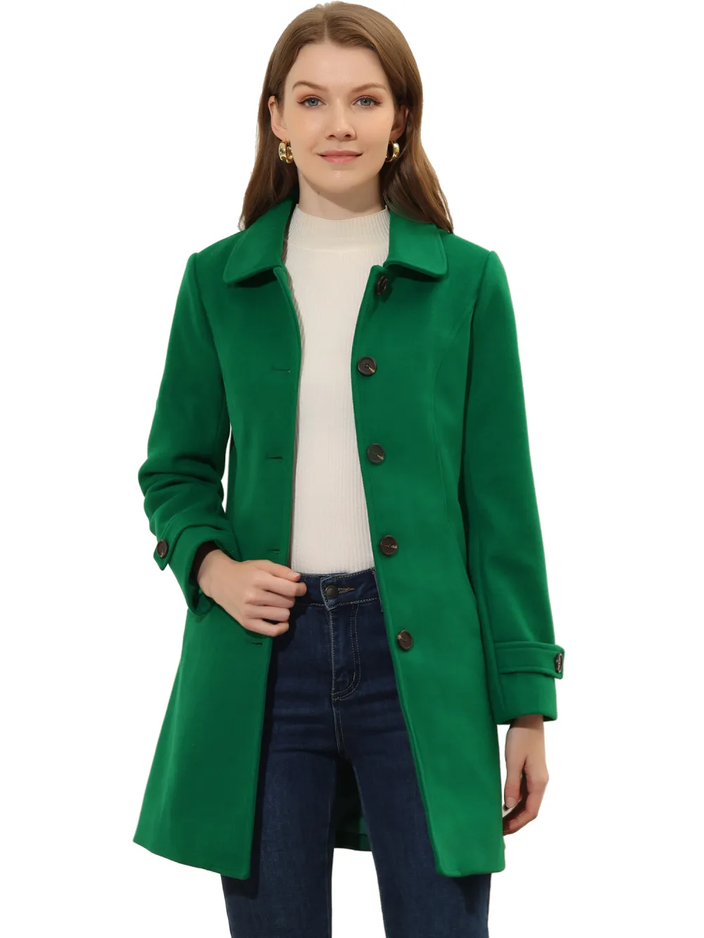 Allegra K- Peter Pan Collar Outwear Trench Peacoat